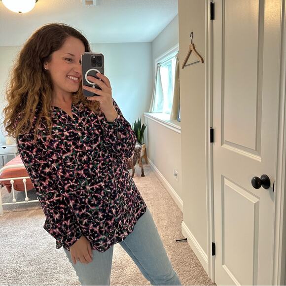 SALONI Pink Black Silk Printed Long Sleeve Blouse 10 - Picture 2 of 8